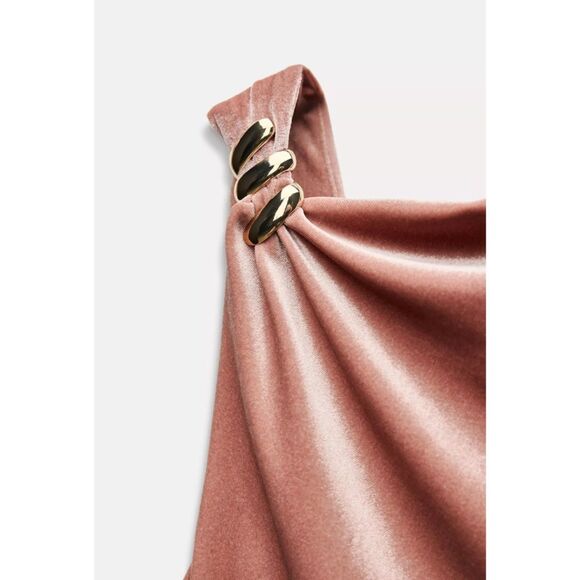 Pink Zara Asymmetric Neck Gathered Ruched Side Slit Sleeveless Midi Dress (NWT) - Picture 2 of 8